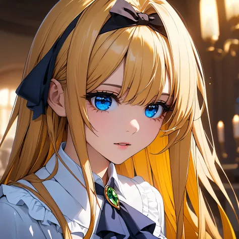 liana, 1girl,  Blonde, Long Hair, blue eyes, Frilled shirt, hair ribbon, black ribbon, Ascot, blue Ascot with green gem, down to every single eyelash, super detailed face, super detailed eye, sharp focus、masterpiece、hasselblad, 16K, highres, super details,...