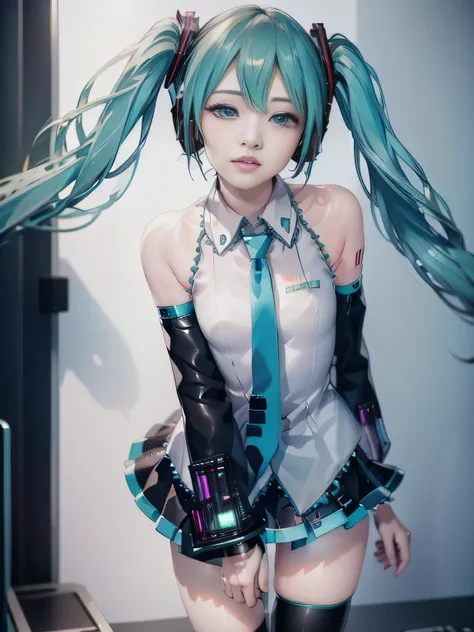 ((cyberpunk blurred background:1.5)), hatsune miku, (1 girl:1.3), full body shot, dynamic pose:1.21, dance poses:1.21, looking u...