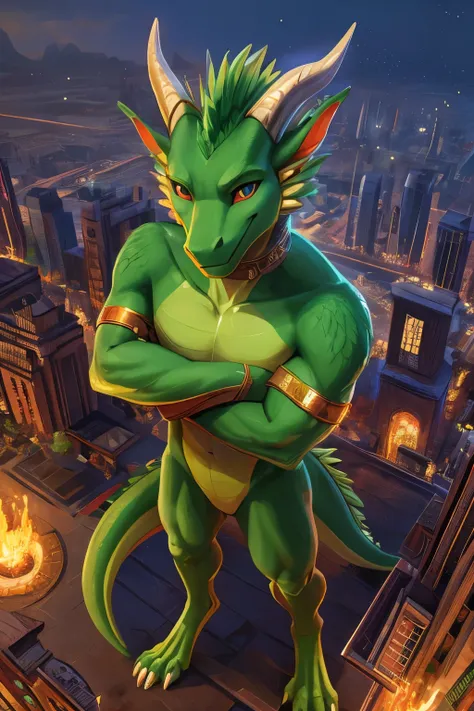 (((view from above))),(slight smile), slim furry green and lime dragon using old magic, detailed eyes, highres, ((crossed arms)), green main body color, smooth skin, long muzzle, neck and tail fur, digitigrade, horns, feathers, gradients, (red gems), (wear...