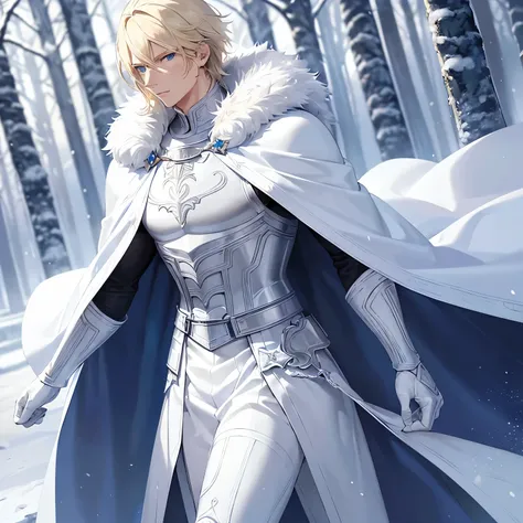 Muscular man, tall, blue eyes, (long blonde hai r), pale skin, blue cape, ((white armor)), white clothes, fur collar, in a snowy forest, solo, cowboy shot, looking at the viewer, masterpiece