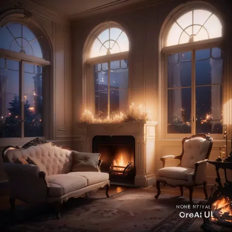 a close up of a living room with a fire place and a couch, unreal engine ; romantic theme, interior background art, global illumination lighting, warm cinematic lighting, cozy living room background, cinematic atmospheric lighting, elegant photorealistic c...