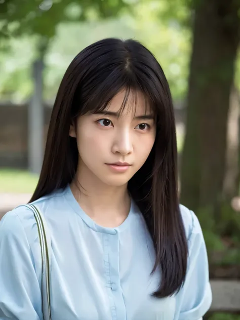 Create a high-quality, hyper-realistic illustration of a young Japanese woman with long, straight black hair. The woman should have an air of quiet melancholy, with a shadow of sadness or introspection on her face, hinting at deep, complex emotions. She re...