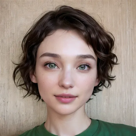 there is a woman with a green shirt posing for a picture, perdita weeks!, cute silly face, she has a cute expressive face, she has a cute face, big cheekbones, slight cute smile, face like gal gadot, robert sheehan, short hair, short brown hair and large e...