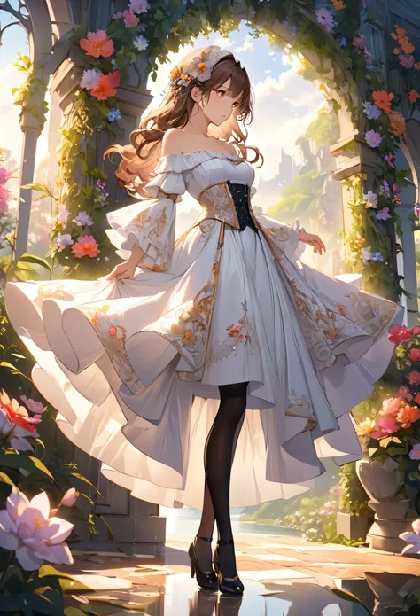 An enchanting scene featuring a young woman standing amidst an elaborate, floral archway. She has medium-length wavy brown hair adorned with hair accessories, and her facial expression carries a natural, serene look. She is dressed in an ornate off-shoulde...