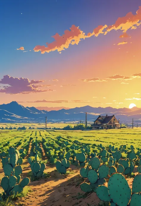 draw a simple tintin style art of a desert field with prickly pear plantation sunset hellish twilight country house meadows sky!...