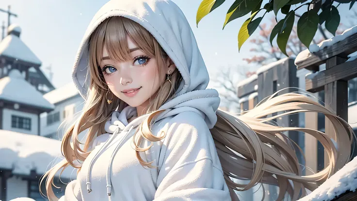 Outdoor:1.5、winter、snow、White world、frozen world、White world、One Girl、Only 24、Perfect Anatomy、Correct human body、Ash Blonde、Layered Haircut、Short Wavy Hair、A woman with a pretty face、Attractive eyes、Perfect beauty、Natural color poncho-style hoodie、Wearing ...