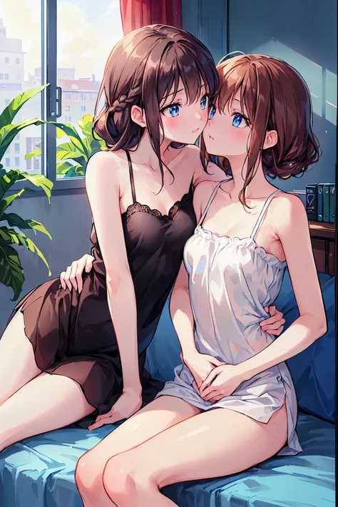 (8k、RAW Photos、Best Quality、masterpiece:1.2)、Anime Style、Very detailed、Ultra-high resolution、2 girls、side,Written boundary depth, Delicate eyes, Sharp nose line，Fine skin、Smooth、Perfect beauty、Small Ass，((Small breasts))、thin，French Kiss，((Natural Style))，...