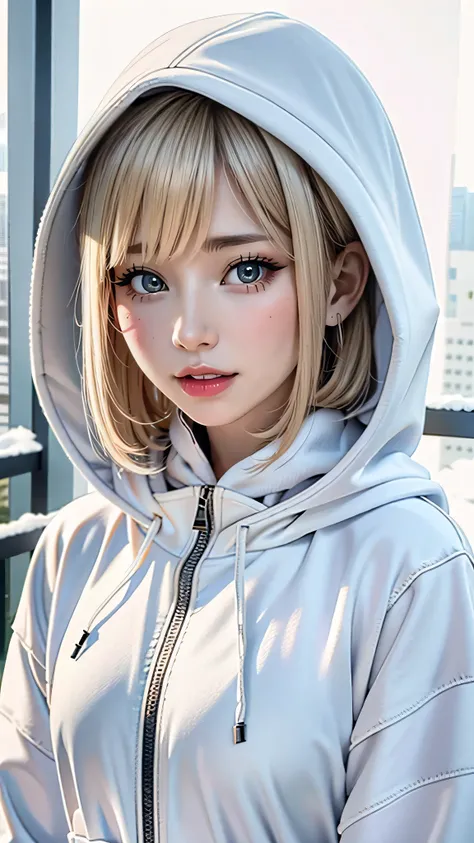 Outdoor:1.5、winter、snow、White world、frozen world、White world、One Girl、Only 24、Perfect Anatomy、Correct human body、Ash Blonde、Layered Haircut、Short Wavy Hair、A woman with a pretty face、Attractive eyes、Perfect beauty、Natural color poncho-style hoodie、Wearing ...