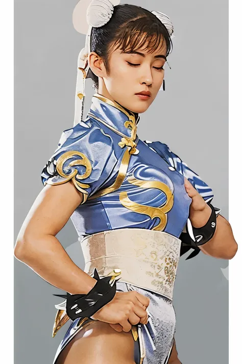 chun li, Silver Costume, from side, Fighting multiple enemies, The face is detailed and accurately drawn, The clothes are detailed and accurate., masterpiece, High image quality, Eyes closed, Serious expression, Desperate,