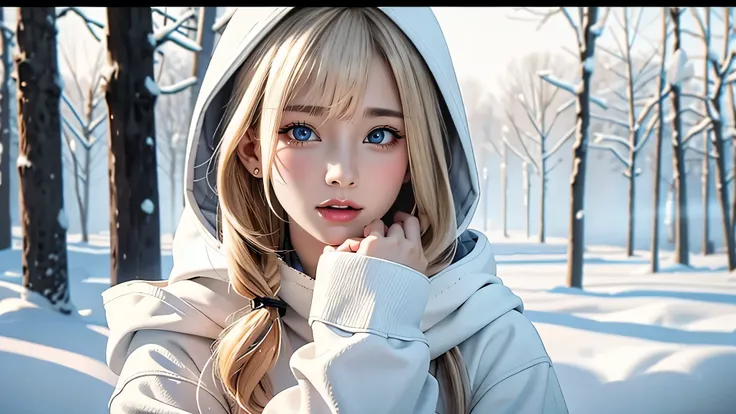 Outdoor:1.5、winter、snow、White world、frozen world、White world、One Girl、Only 24、Perfect Anatomy、Correct human body、Ash Blonde、Layered Haircut、Short Wavy Hair、A woman with a pretty face、Attractive eyes、Perfect beauty、Natural color poncho-style hoodie、Wearing ...