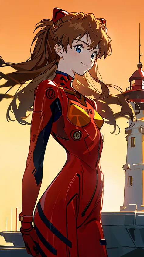 1 girl, Alone, (masterpiece), Best Quality, Expressive eyes, Perfect Face, Soryu Asuka Langley, interface headphones, Red Bodysuit Test Plugsuit, headgear, Wicked Smile、smile、From the side、Cowboy Shot、Golden Hour Sky、Background near the lighthouse