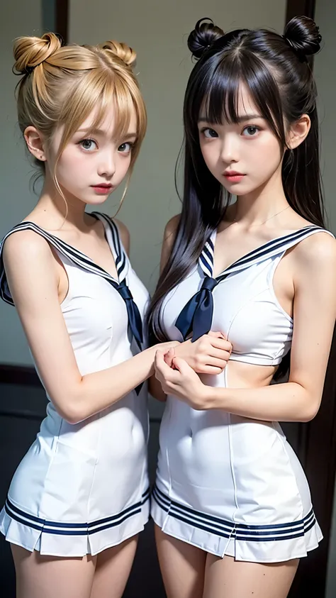 Twins, two high school girls, Long legs, thin thighs, ((Sailor suits and miniskirts:1.3)), ((The body of a 1 beautiful girl:1.3)), ((Hair, Smooth and shiny hair)), (Twin bun hairstyle:1.4), (Long side bangs), (Beautiful Skin:1.2), (Slender body line), , de...