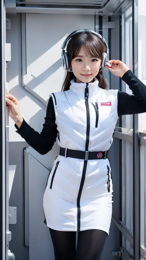 (Best Quality), (masterpiece), 1080P, High resolution, 4K, 8k, Inside the space station、Futuristic room、One Woman,20yo,astrovest,white shiny latex astrovest, black long sleeves,white down skirt,BREAK Shooting from directly below,Composition seen from below...