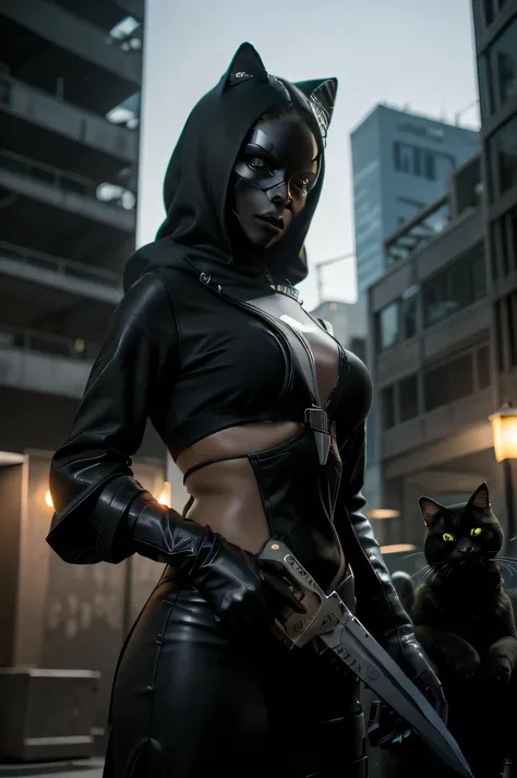 sci fi rogue, black female cat furry, holding a futuristic dagger, with a hood, enemy monsters in the background, realism, sci f...