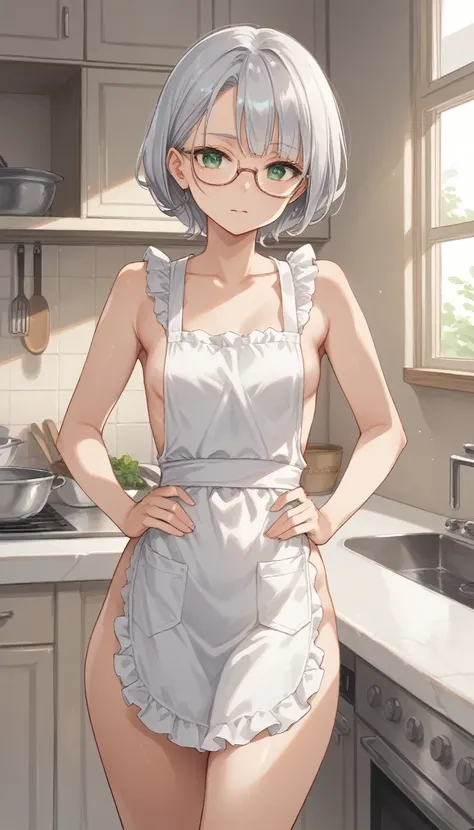 score_9, score_8_up, score_7_up, source_anime, 1girl, mature female, small breasts, silver hair, green eyes, glasses, only white apron, hands on waist, naked only apron, closer, kitchen