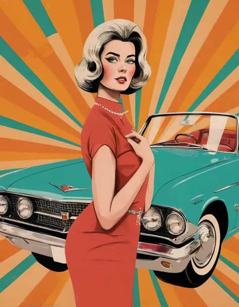 1960s Vintage Car Beautiful Woman,Retro Fashion,Classic Car,Stylish pose,colorful,Eye-catching background,Turn your head,Classic Carモデル,glamorous,Shiny chrome details,Retro Hairstyles,Trendy makeup,Vibrant colors,American Muscle Cars,Perfect Skin,Confident...