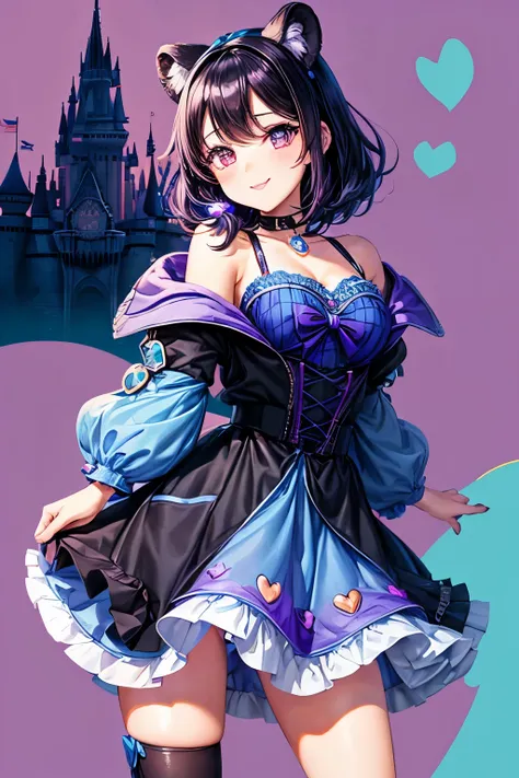 {worst quality, low-quality}, ((Bear-eared chemomimi girl)), ((Black-haired berry short,Purple and blue inner colors)), (beautiful  purple eyes), plump shiny lips,  (The best smile), Spoken Heart, Leaning forward, (cute Pose:1.2), (Goth  style clothes), (S...