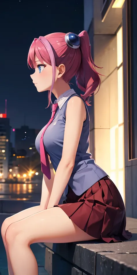 1 Female,High definition,high resolution,Ultra-realistic,8K, hy1, hair ornament, multicolored hair, blue eyes, necktie, skirt, tight skirt,miniskirt,sleeveless, school uniform,European,sexy,Upper body close-up,Photographed from the front,Dynamic Angles,pri...