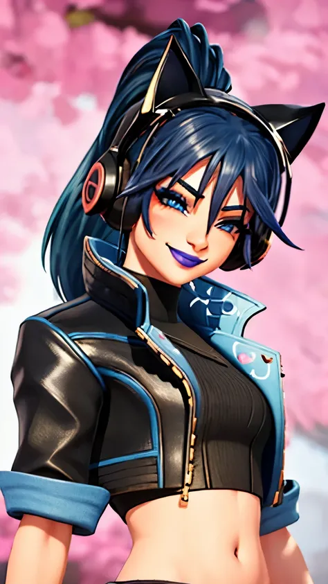 1girl,blue hair, ponytail, blue eyes, eyeshadow, (blush:1.1),upper body,trembling, heart,(speed lines:1.1), heart, black jacket, jacket crop top, navel cat ears headphones, black crop top, purple lips, smile, looking at viewer, facing viewer, winked at the...