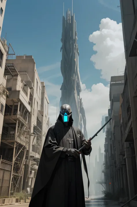 sci fi priest, alligator humanoid, holding a futuristic staff, factory constructions in the background, realism, sci fi, cool cyber mask, hyper realistic
