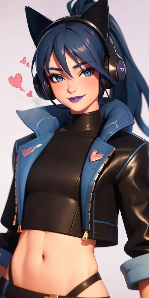 1girl,blue hair, ponytail, blue eyes, eyeshadow, (blush:1.1),upper body,trembling, heart,(speed lines:1.1), heart, black jacket, jacket crop top, navel cat ears headphones, black crop top, purple lips, smile, looking at viewer, facing viewer, winked at the...