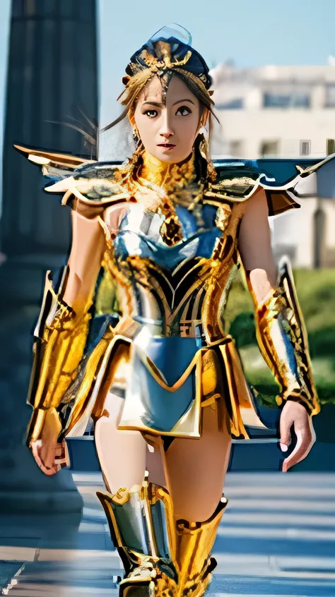 Ultra-high saturation（tmasterpiece，（best qualtiy）， （1girll,  Wearing shiny gold armor，saint seiya armor, cancer armor, walking at the Ancient Greek, uhd, 8k