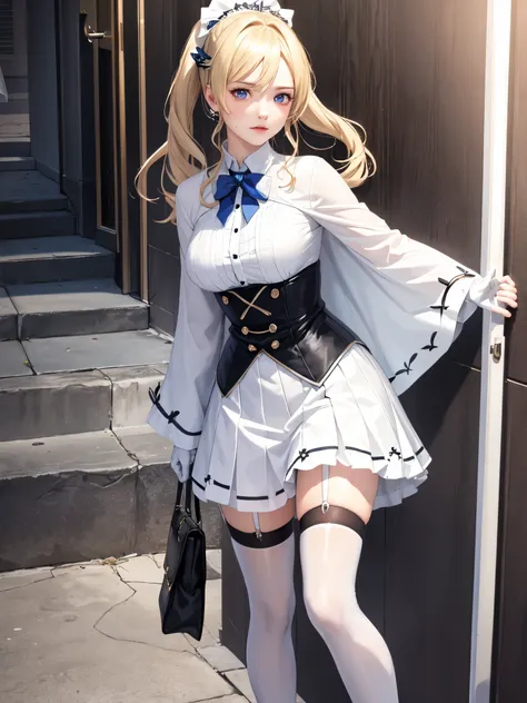 (super extreme detailed),(Masterpiece),(super extreme),(Realistic),CG,(color:1.2), Strong lighting,Light from behind,evaluation:Safety,Alone Blonde Alone, white,Blonde ponytail,Twin tails、Short Hair,length hair,blue eyes,white_gloves,garter_strap,absolute_...