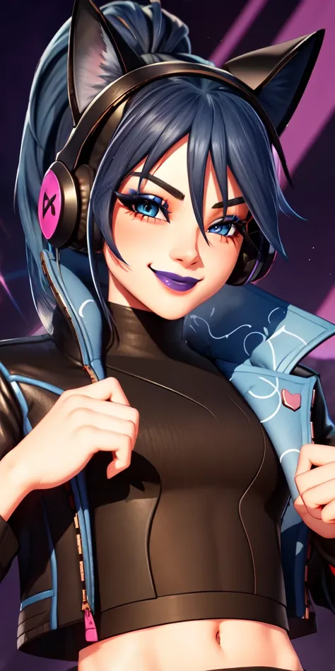 1girl,blue hair, ponytail, blue eyes, eyeshadow, (blush:1.1),upper body,trembling, heart,(speed lines:1.1), heart, black jacket, jacket crop top, navel cat ears headphones, black crop top, purple lips, smile, looking at viewer, facing viewer, winked at the...