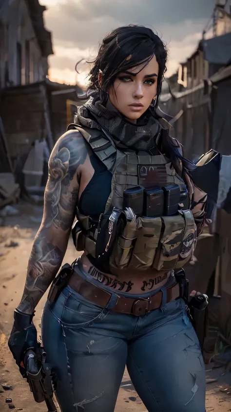 a sexy woman with large breasts, athletic body, wearing jeans, tactical vest, tattooed arms,(best quality,4k,8k,highres,masterpiece:1.2),ultra-detailed,(realistic,photorealistic,photo-realistic:1.37),hyperrealistic,highly detailed face,extremely detailed e...