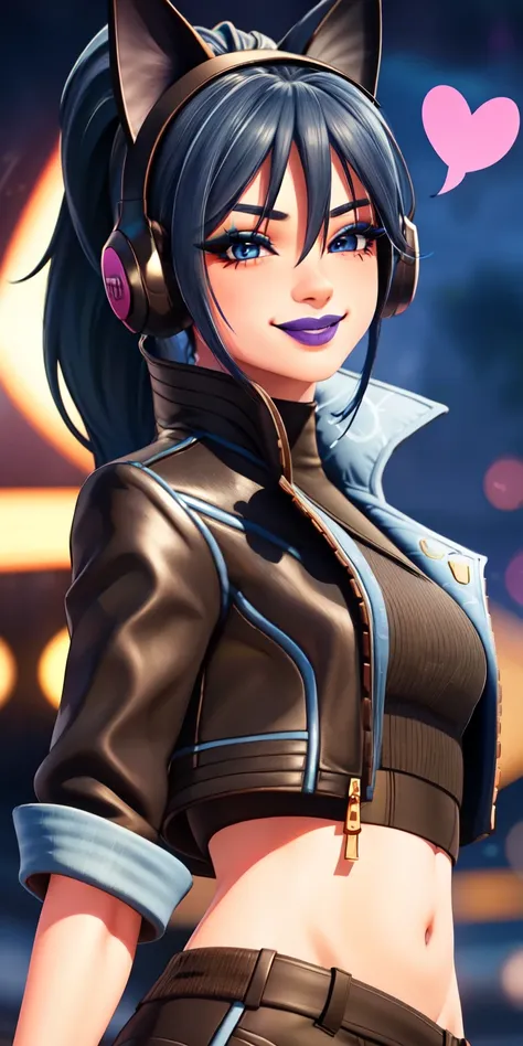 1girl,blue hair, ponytail, blue eyes, eyeshadow, (blush:1.1),upper body,trembling, heart,(speed lines:1.1), heart, black jacket, jacket crop top, navel cat ears headphones, black crop top, purple lips, smile, looking at viewer, facing viewer, winked at the...