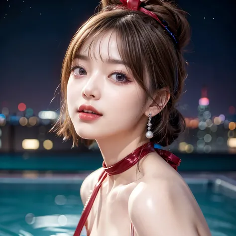 (masterpiece:1.2) of professional Analog Hi-Res photo, (realistic and photorealistic with touch of rawness:1.37), a close-up portrait of (KAWAII princess wearing  thongs), Infinity pool on the roof of Skyscraper, The sky at dusk turns from orange, intricat...