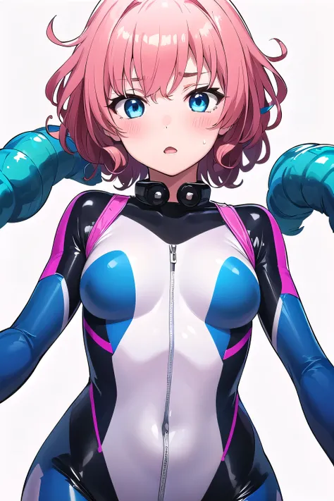 1 girl,boyish, curly hair, pink Hair, medium Breasts, glossy tight zero suit,blush,blue eyes,Tight fit,clearly,Striped pattern, (white background:1.3), Collar, handcuffs, (glossy:1.5)