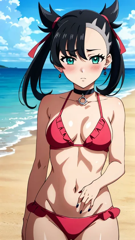 Marnie Pokemon, Marnie (Pokemon), blue-green eyes, green eyes, black hair, medium hair, asymmetrical bangs, black choker, red hair ribbon, earrings, black nail polish, medium breasted, (masterpiece, highest quality, highly detailed, 8k:1.2),Perfect eyes, d...