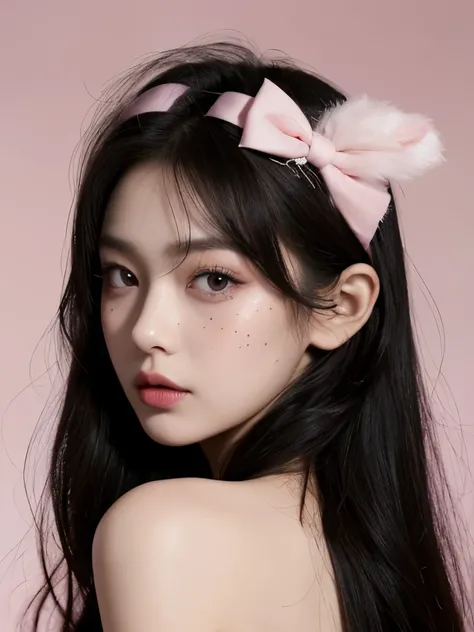 Kim Jennie with dark black hair, with curlers at the ends of dark black hair, with a star clip in her dark black hair, light colored eyes, beautiful eyes, Teary eyes, beautiful, splattered nose, [Labios beautifuls, pink lips, Heart shaped lips and cupid, b...