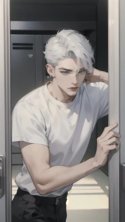 Not approved과 Soft light으로 사실적인 Vertical style의 선명하고 날카로운 초점. (Best quality, Masterpiece: 1.2), Silver hair, Cover your head, gray eyes, White man with red lips, teenager, sexy, The man leaned against the locker with an indifferent expression., Clear and s...