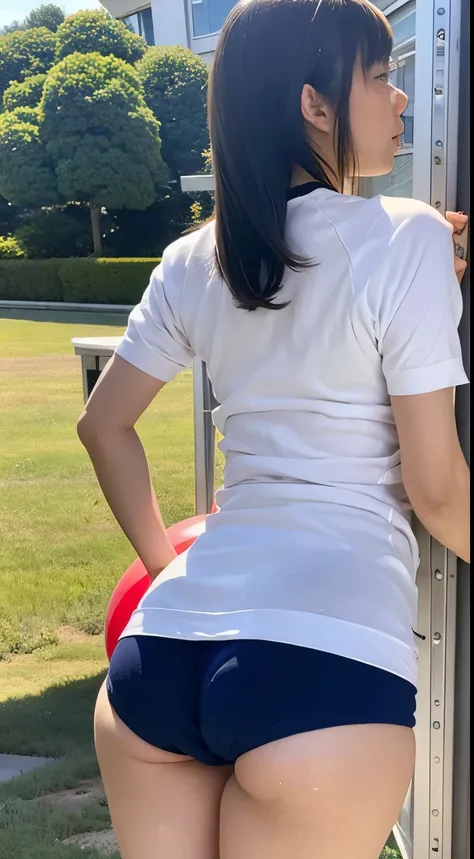 Alone、High school girl、White skin、Natural Makeup、Black Hair、bangs、Straight Long Hair、(((White short-sleeved T-shirt on the upper body)))、(((Long white gym clothes)))、(((Very tight bloomers)))、(((Mid rise bloomers)))、(((Navy Bloomers)))、((Big Breasts))、Big ...