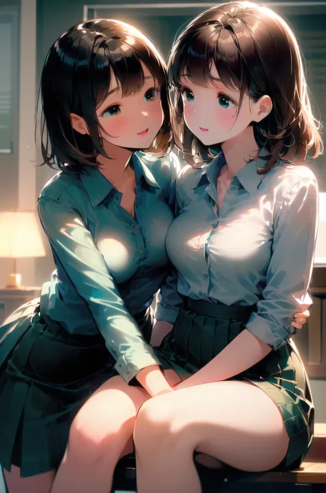 masterpiece, absurdres, best qualitiy, high detail, kabedon, 1girl, mature, blush, medium breasts, (((short black hair))), (brown eyes), adult woman, office, open mouth, happy, office lady uniform, light lipstick, BREAK, ((being held down by a second girl ...