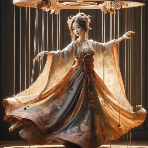 a fullbody beautiful asian marionette doll wearing collosal dress dancing alone, the body made from wooden which carefully crafted, masterpiece, 3D renderman, 8k, UHD, high details, high contrast, cinematic, collosal scene, clear picture, attractive colour...