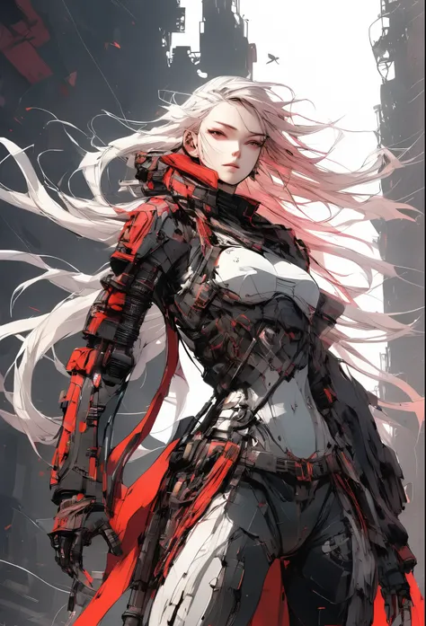 (Female Ninja Cruel Mech: 1.3, Full Body Covered Mech, Heavy AWP on Back, DSLR, Light Tracing, 3D, Concept Art, Action Painting, Film Lighting, Chiaroscuro) :(1.3). Highlighting the curve of the chest, the long white ponytail hair looks graceful and attrac...