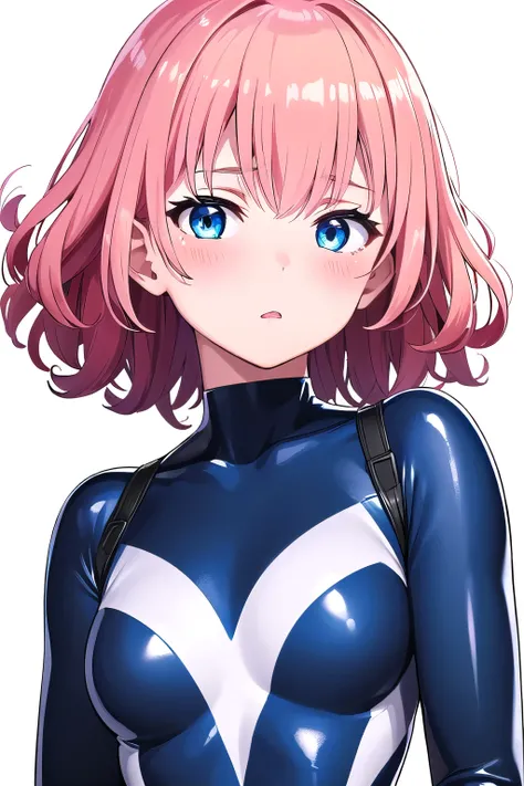 1 girl,boyish, curly hair, pink Hair, medium Breasts, glossy tight zero suit,blush,blue eyes,Tight fit,clearly,Striped pattern, (white background:1.3), (glossy:1.5)