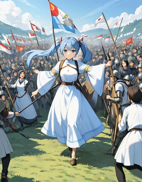 Light blue long hair、Beautiful girl with twin tails、White long dress、Joan of Arc、On a small hill、Raise the flag and lead the people forward、A lot of people are following