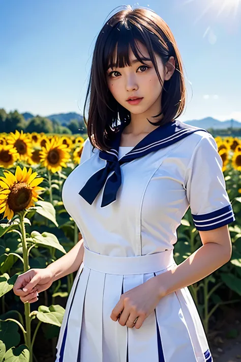 (Best Quality, 8k, 32K, masterpiece, Ultra-high resolution:1.2), Cute Japanese Girl, (Big Breasts), Short black hair, bangs,Tall, (Sailor suit), Narrow waist, (Sunflower field、Light Leaks),(High school girl),