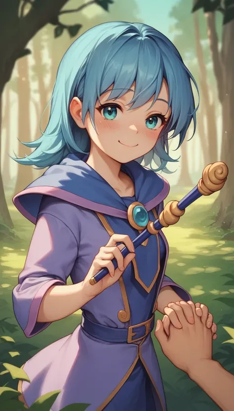 score_9, score_8_up, score_7_up, source_anime, 1girl, young female, small breasts, navy blue hair, turquoise eyes, purple magicians tunic, blushing cheeks, happy, her right hand holding her wand, forest