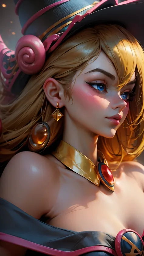 Beautiful face of the dark wizard gils. Blue eyes. brio in the eyes. Large and thick false eyelashes, pink lips. blush on the cheeks, profile pose. Looking at one end. Gold earrings. gold necklace. thin neck. Long golden hair. low-cut neckline. big breasts...