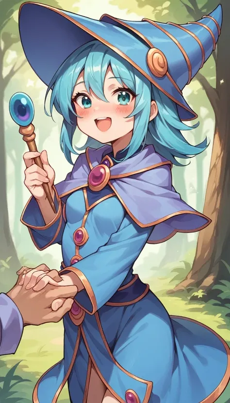 score_9, score_8_up, score_7_up, source_anime, 1girl, young female, small breasts, navy blue hair, turquoise eyes, purple magicians tunic, blushing cheeks, happy, her right hand holding her wand, forest