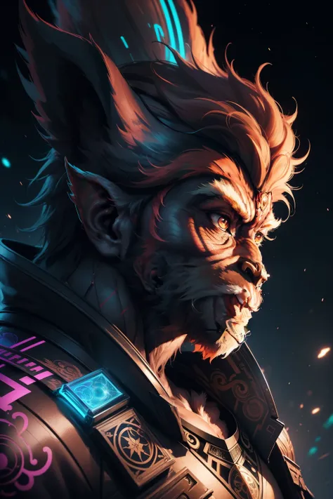 digital portrait art, (wukong:1.2), neon holographic drawing, from side, nebula sky background, focus face, ultra quality, insanely beautiful, dark, intricate surface detail,