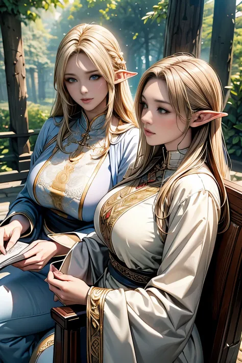 Perfect natural light、8K High Resolution、High resolution、Beautiful woman、masterpiece、Beautiful Mature Woman、RPG-style world、Blonde Wizard、Large Breasts、Elf Woman、Strategy meeting at the forest fort、Intricately Ornamented Robe