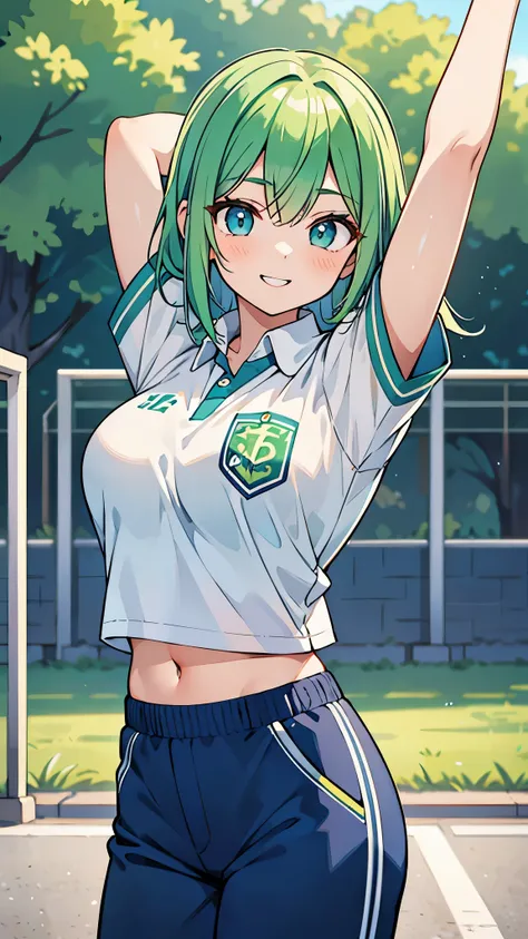 ((A Pretty girl with green hair and blue eyes doing stretching)), ((wearing the sport uniform and short pants)), Baby face, ((top-quality, master piece, ultra-definition, high resolution)), anime girl, ((ultra-detailed illust:1.2)), only one person, bangs,...