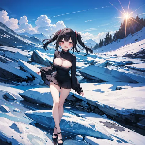 ice field, (solo), (1 skinny girl standing alone), swaying back, BREAK, black hair, two side up, red eyes, bursting large breasts, bouncing large breasts, very short torso, skinny narrow waist, skinny legs, BREAK, (frilled black mini dress with frilled lon...