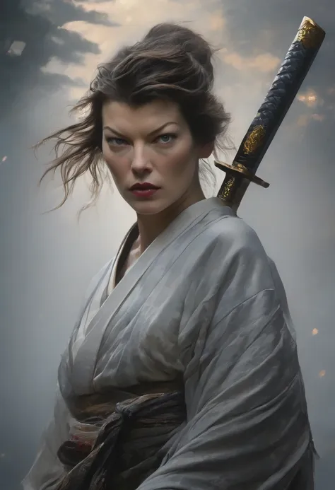 the enigmatic samurai woman (milla jovovich) wielding a long japanese sword, splitting with each powerful slash、enveloped in the...